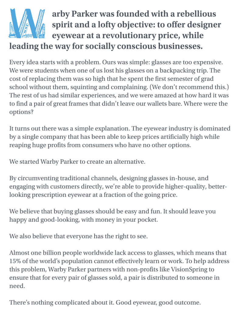 image of warby parker's about page showing its story