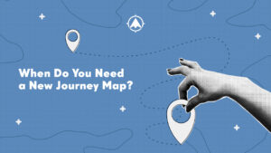 The blog post title about bank and credit union journey mapping over an image of a hand placing markers on a map.