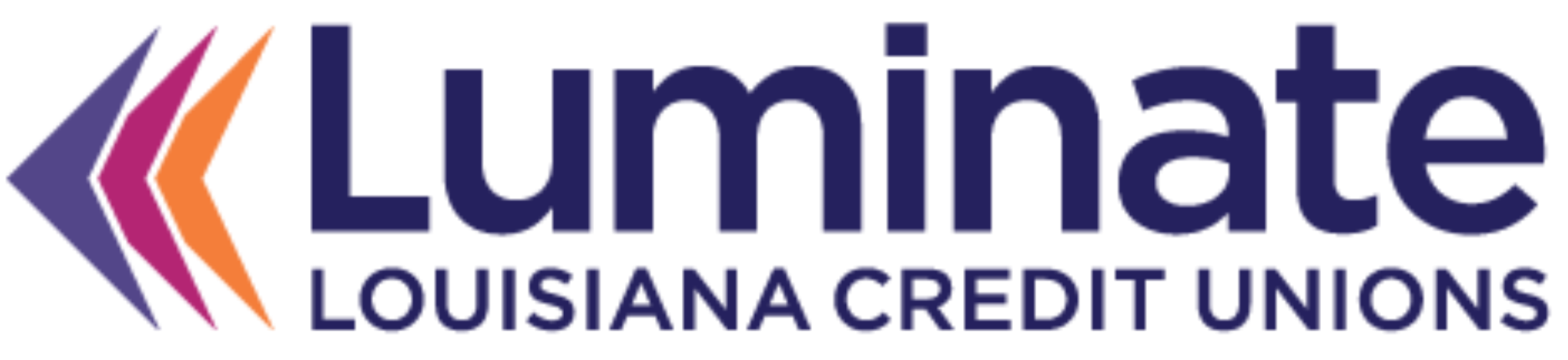 Luminate Louisiana Credit Unions logo with three colored chevrons left and bold blue text to the right.