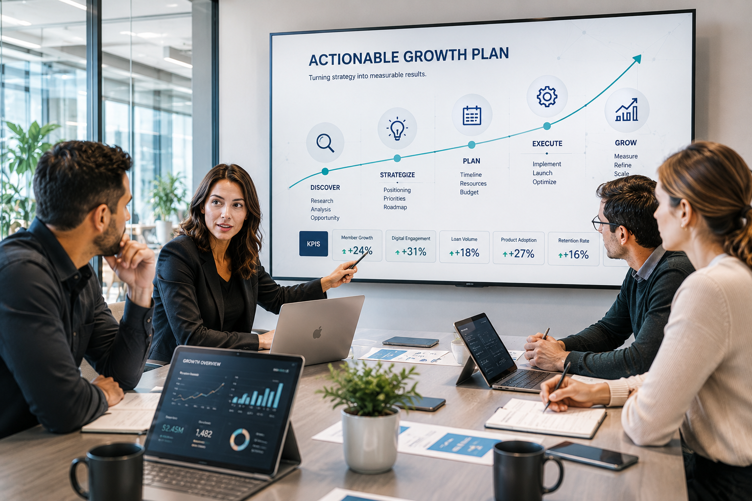 Team in a conference room reviewing a large growth plan on a wall-mounted screen during a meeting.