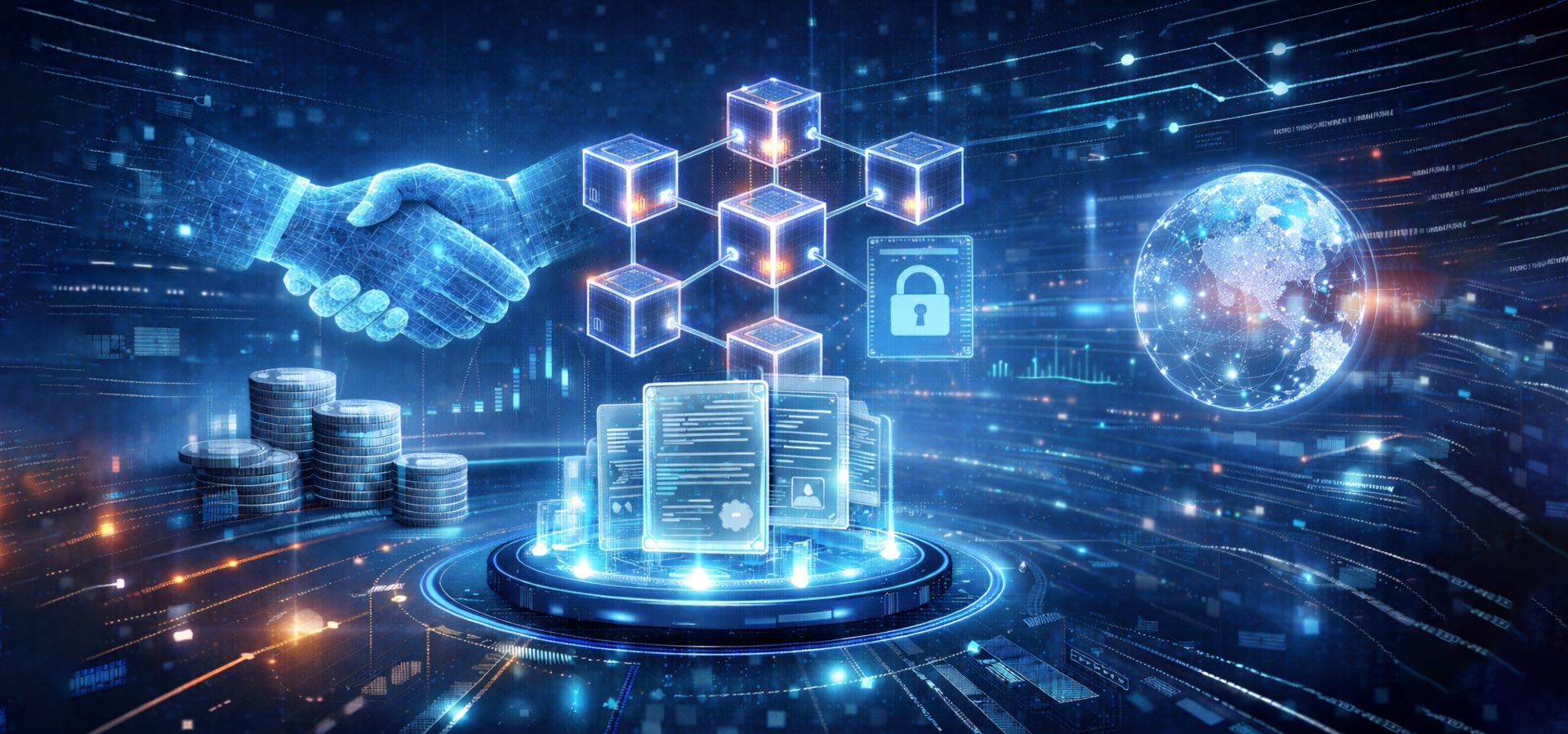 Digital handshake above a blockchain of glowing cubes, with a globe and data graphics in a blue neon scene.